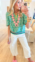 Green Jacquard Bubble Sleeve Top