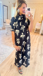 Black Floral Print Short Puff Sleeve Midi Dress