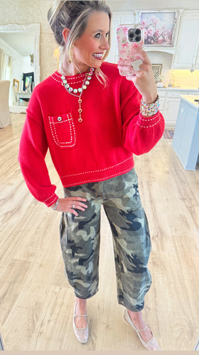 Red Knit Contrast Stitch Sweater