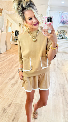Taupe Eyelet Lace Trim Short Set