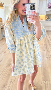White and Blue Floral Embroidery Mini Dress