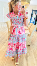Pink Floral Scallop Detail Midi Dress