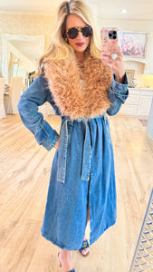 Long Denim Jacket with Fur Collar