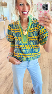 Teal Tulip Printed Puff Sleeve Top
