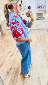 THML Blue Gingham Red Embroidered Puff Sleeve Top