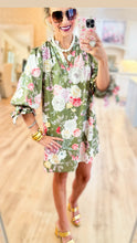 Olive Floral Print Bubble Sleeve Mini Dress
