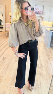 Light Taupe and Black Stripe Puff Sleeve Top
