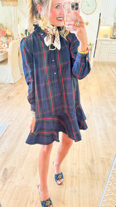 Navy Green Multi Plaid Ruffle Collar Mini Dress
