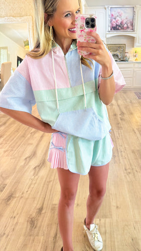 Pink Green and Blue Mix Stripe Short Set