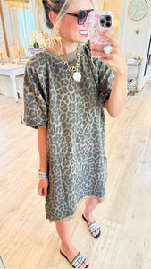 Brown Leopard Puff Sleeve Lace Trim Dress