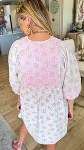 White and Pink Floral Embroidery Mini Dress
