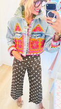 Cropped Pink and Orange Embroidered Denim Jacket