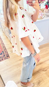 Cherry Poplin Embroidery Top