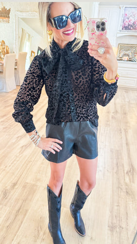 Black Leopard Burnout Velvet Button Down Top