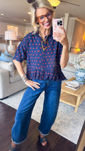 Navy and Rust Polka Dot Ruffle Hem Top