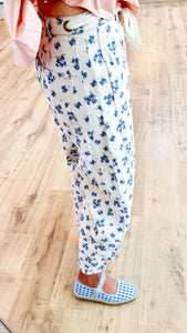 Cream and Blue Floral Printed Jeans