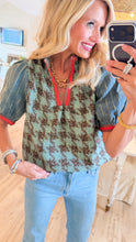 Sage Houndstooth Puff Sleeve Top