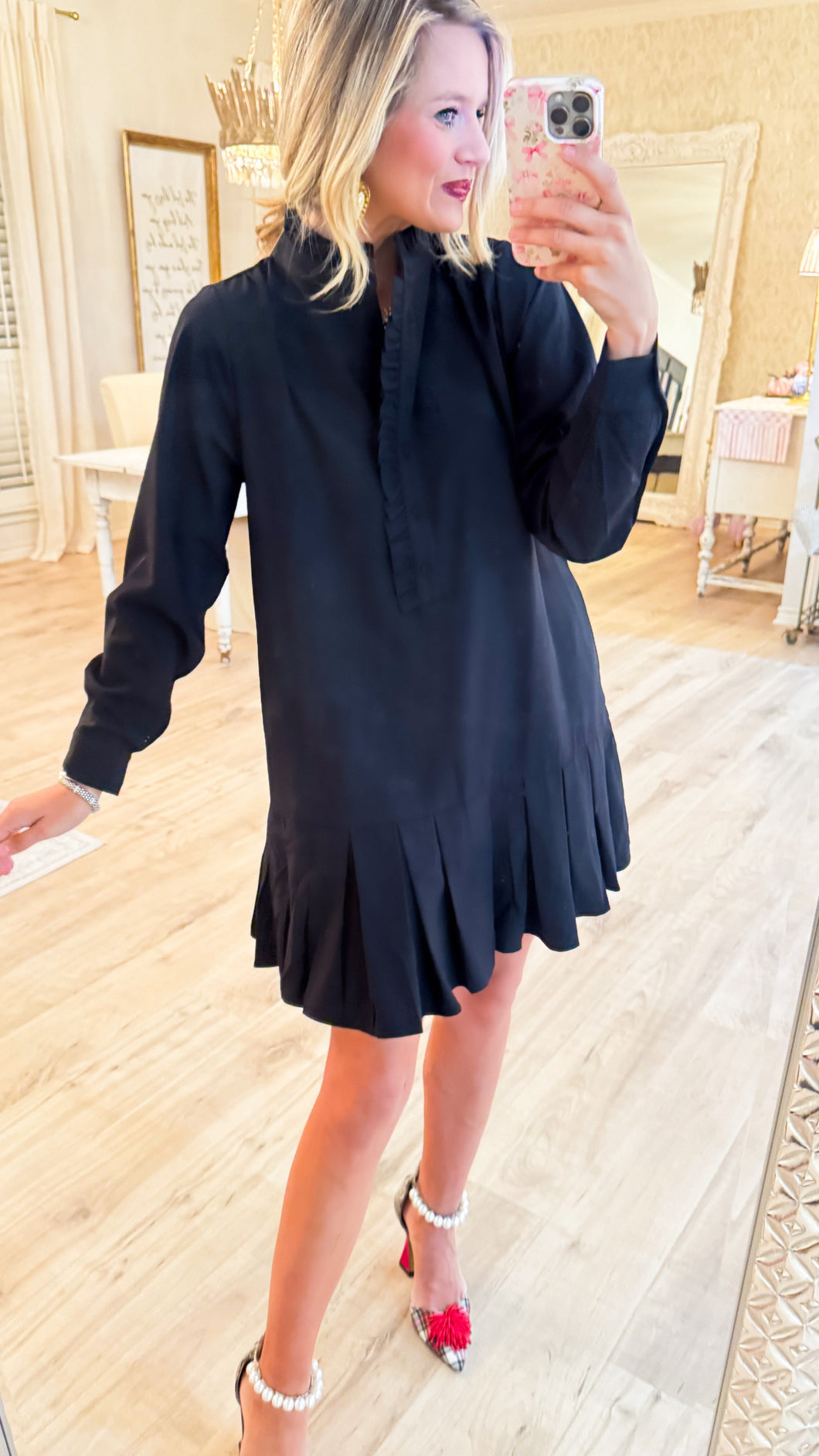 Black Ruffle Pleated Skirt Dress