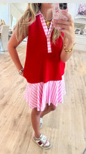 Red and Pink Striped Contrast Dress