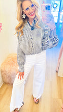Navy Gingham Long Sleeve Button Up Top