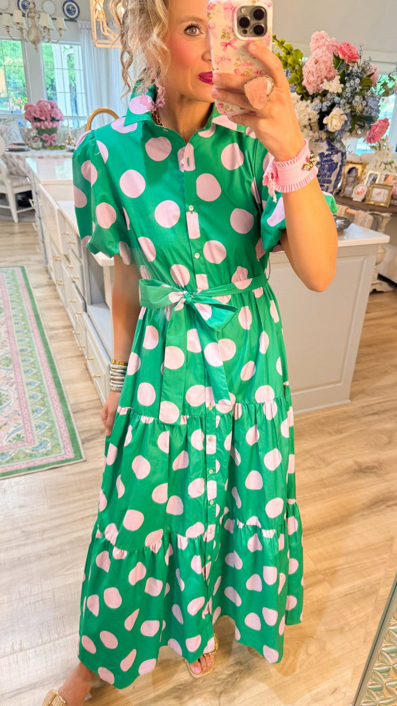 Green and Pink Polka Dot Midi Dress Charlotte Heart Boutique Green and Pink Polka Dot Midi Dress Charlotte Heart Boutique