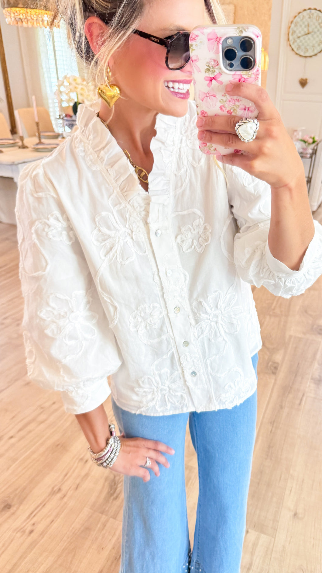 White Button-Down 3D Blouse