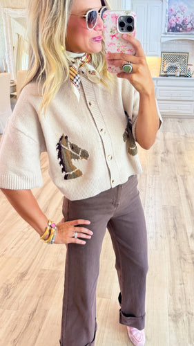 Oatmeal Horse Motif Cropped Sweater