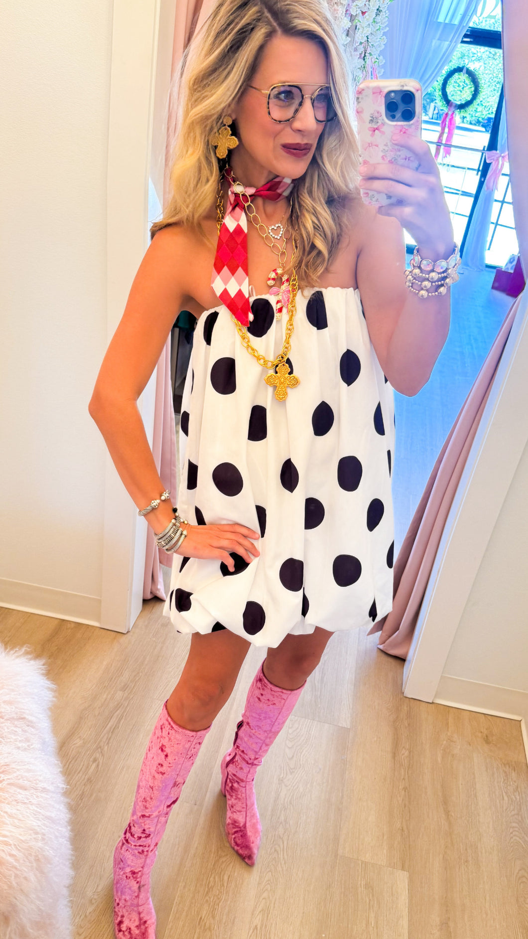 White and Black Polka Dot Strapless Dress