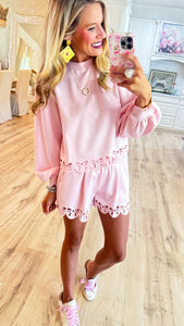 Baby Pink Bow Scallop Hem Lounge Set