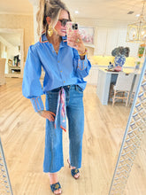 Blue Embroidered Accent Top