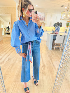 Blue Embroidered Accent Top