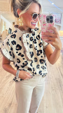 Off White Leopard Pattern Ruffle Neck Top