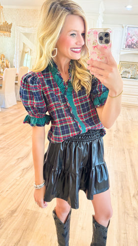 Green Multi Plaid Ruffle Sleeve Top