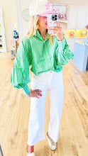 Cali Green Striped Ballon Sleeve Top