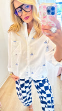 White Sailboat Embroidered Button Up Top