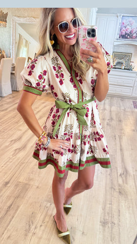 Ecru Floral Pattern Puff Sleeve Mini Dress