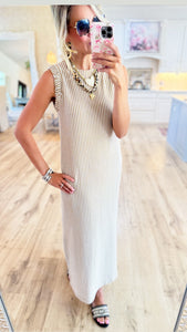 Khaki and Cream Stripe Sleeveless Dress