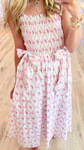 Pink and White Bow Printed Midi Dress