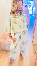 Aqua Floral Print Barrel Pants