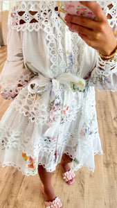 White Floral Eyelet Trim Mini Dress