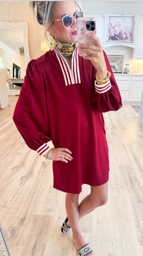 Burgundy Stripe Contrast Detail Casual dress
