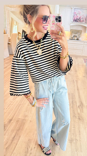 Black Stripe Lace Accent Trim Top