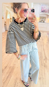 Black Stripe Lace Accent Trim Top