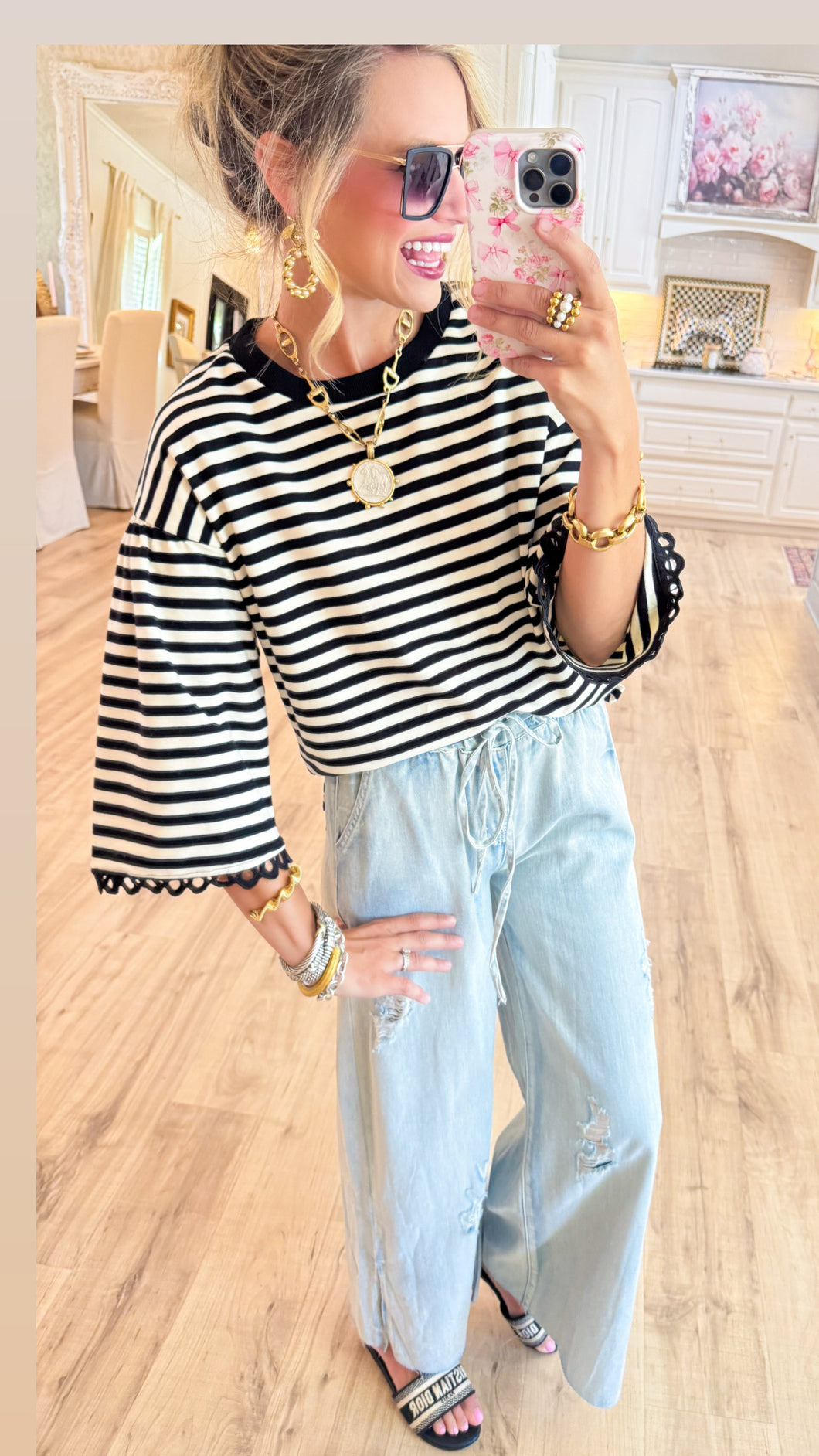 Black Stripe Lace Accent Trim Top