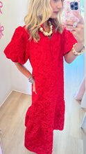 Red Puff Sleeve Jacquard Midi Dress
