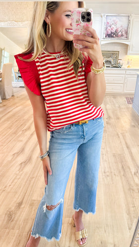 Red Stripe Ruffle Sleeve Top