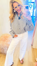 Navy Gingham Long Sleeve Button Up Top