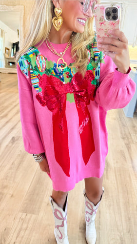 Queen of Sparkle Pink Oversized Wreath and Bow Sweater