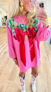 Queen of Sparkle Pink Oversized Wreath and Bow Sweater