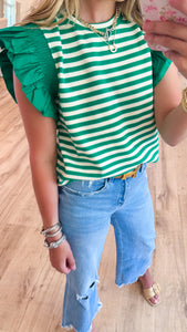 Emerald Stripe Ruffle Sleeve Top